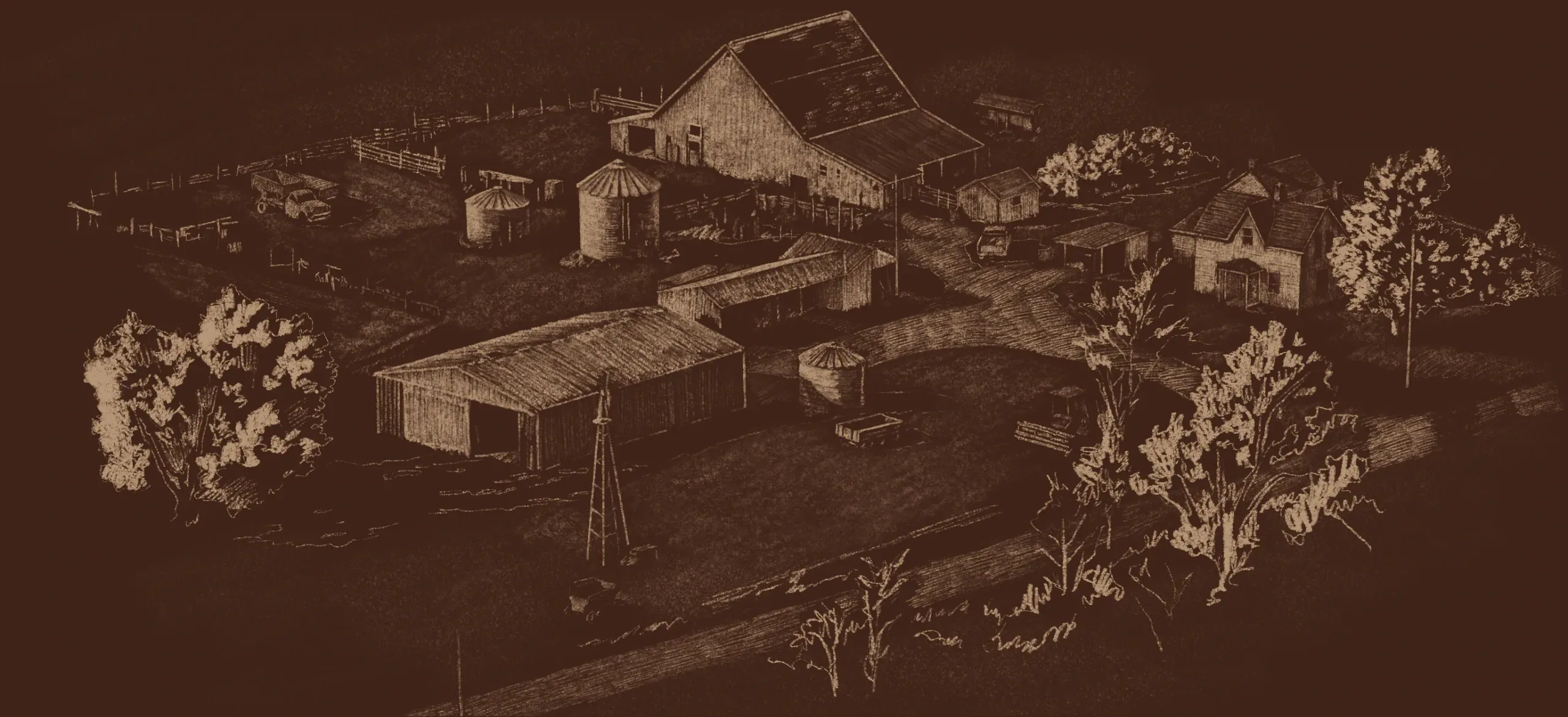 Sketch of a Missouri farmstead with a barn, grain bins and a windmill